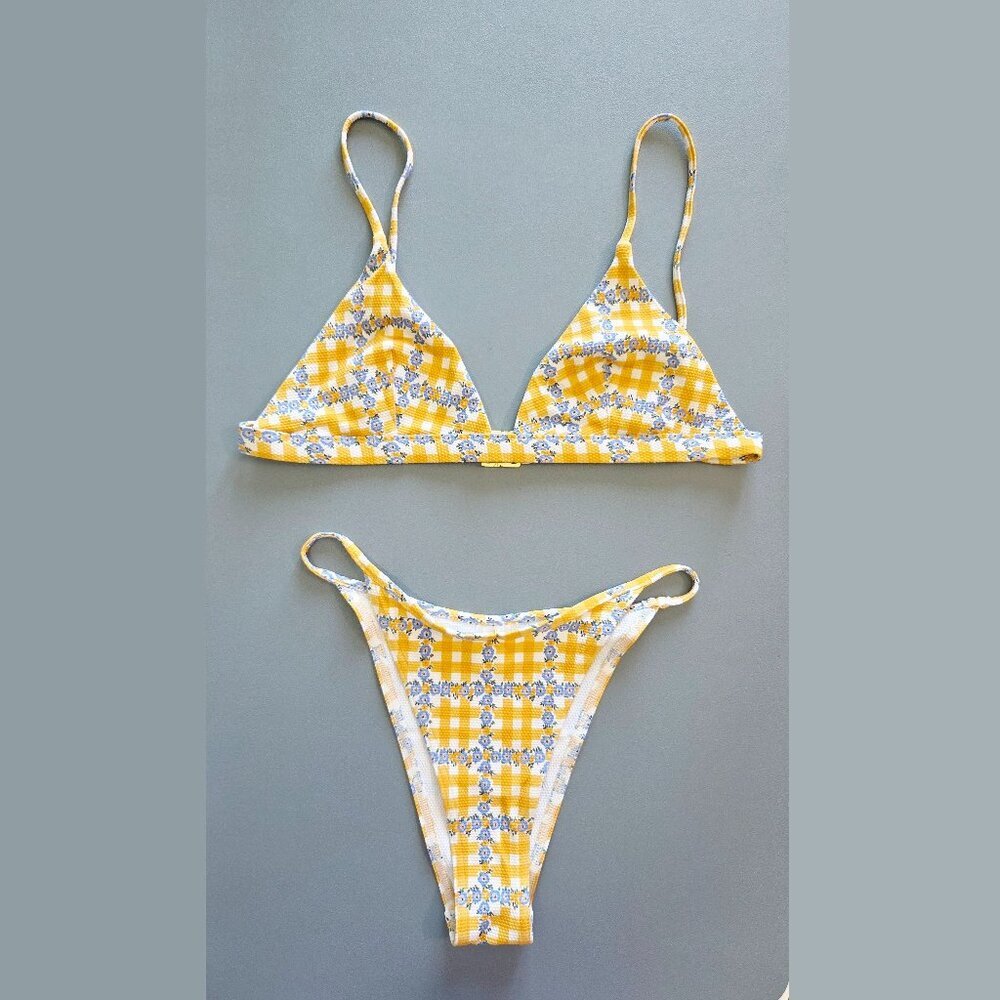Yellow Gingham Floral Triangle Bikini Set - Women